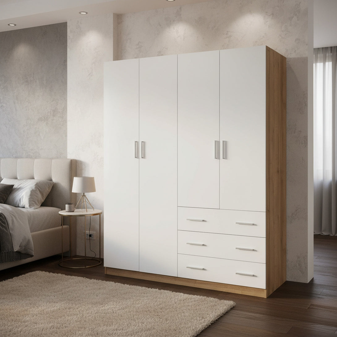  Harris 4 Door Wardrobe with 3 Drawers - Oak+White 
