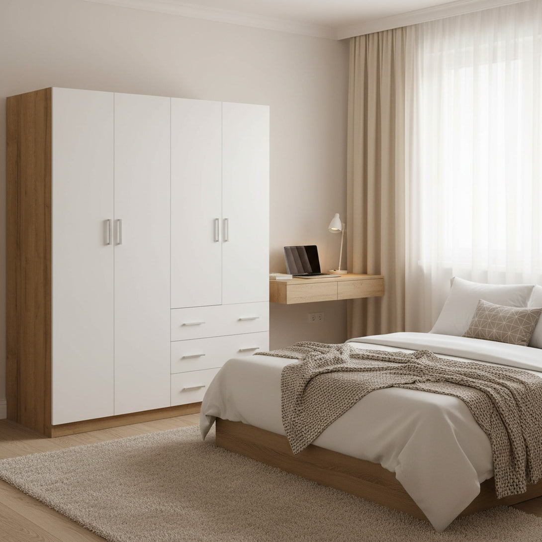  Harris 4 Door Wardrobe with 3 Drawers - Oak+White 