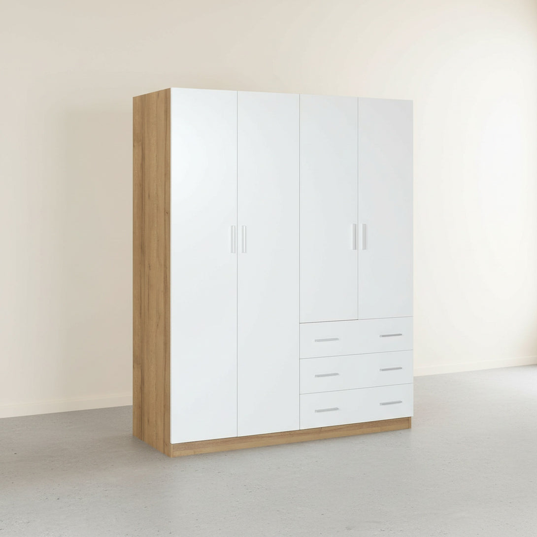  Harris 4 Door Wardrobe with 3 Drawers - Oak+White 