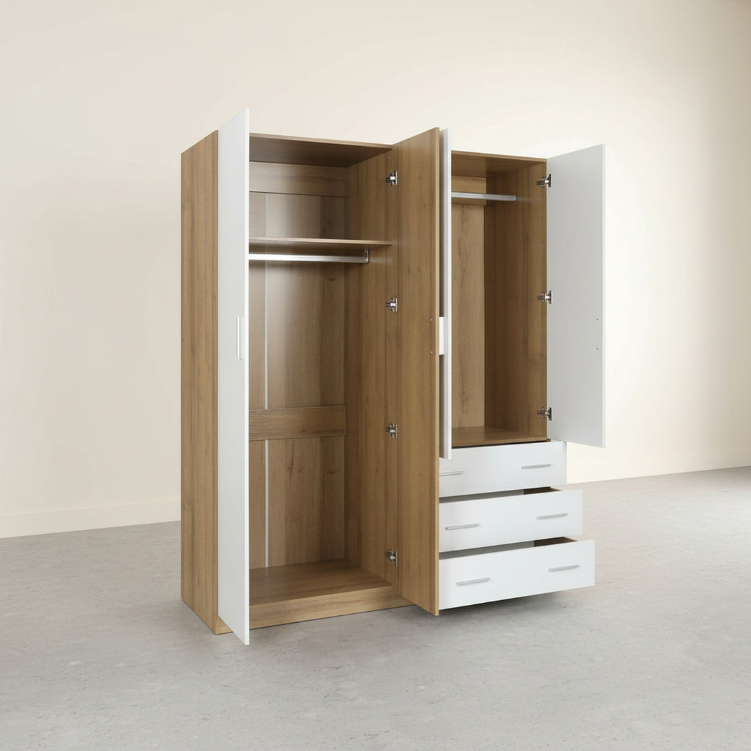  Harris 4 Door Wardrobe with 3 Drawers - Oak+White 