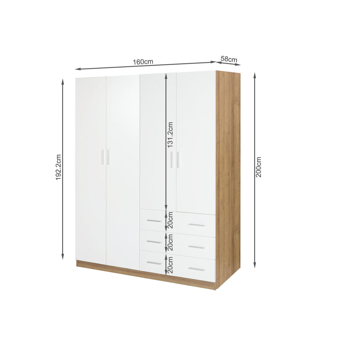  Harris 4 Door Wardrobe with 3 Drawers - Oak+White 