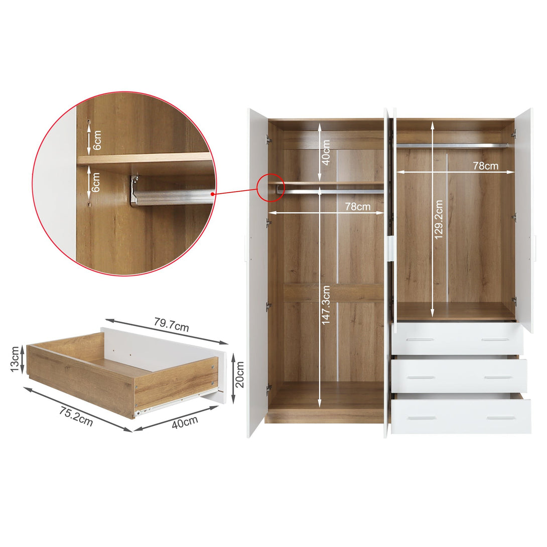  Harris 4 Door Wardrobe with 3 Drawers - Oak+White 