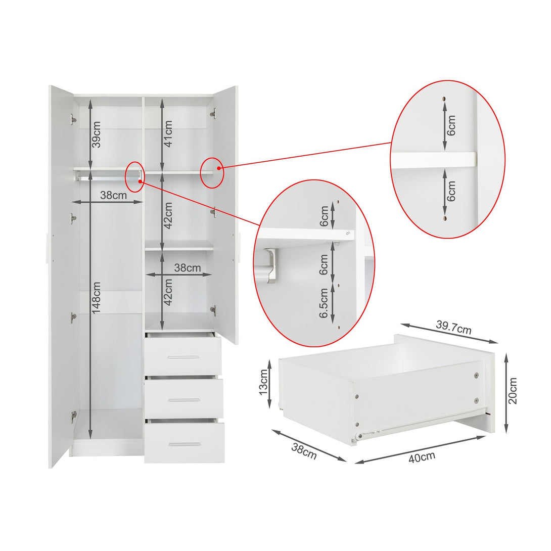 Tongass 2 Door Wardrobe with 3 Drawers - White