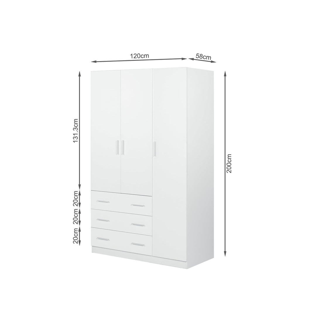 Tongass 3 Door Wardrobe with 3 Drawers - White