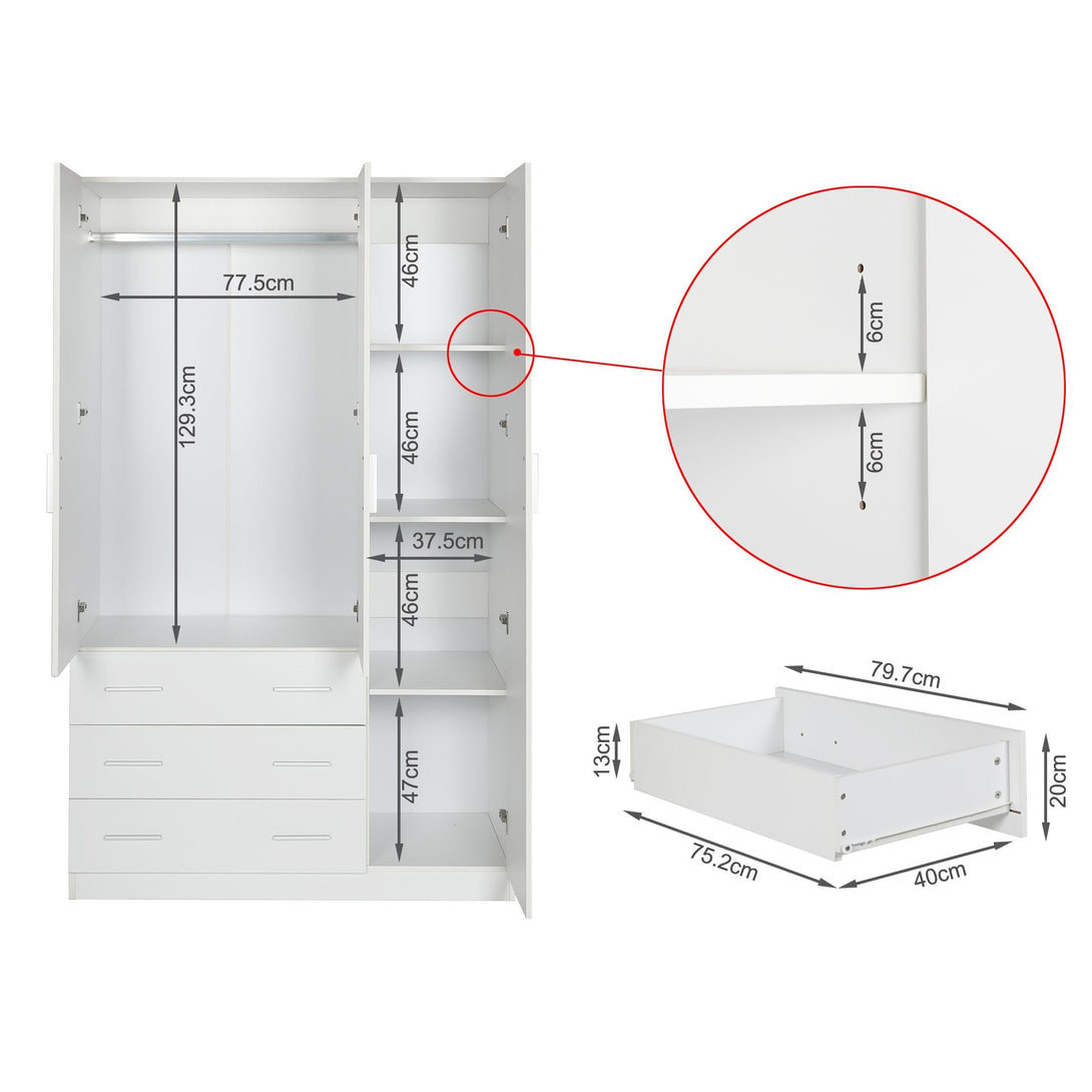 Tongass 3 Door Wardrobe with 3 Drawers - White
