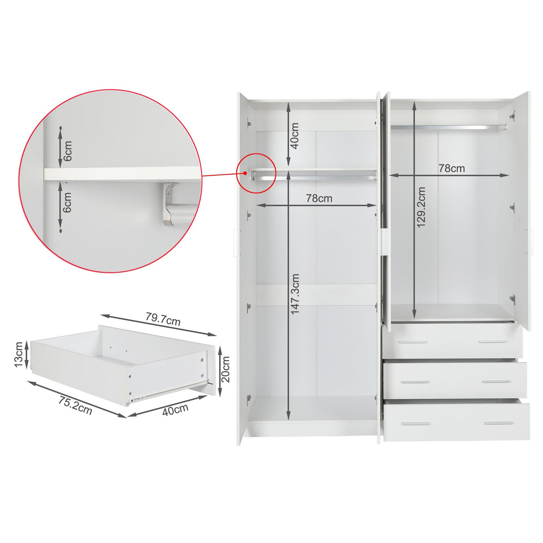 Tongass 4 Door Wardrobe with 3 Drawers - White