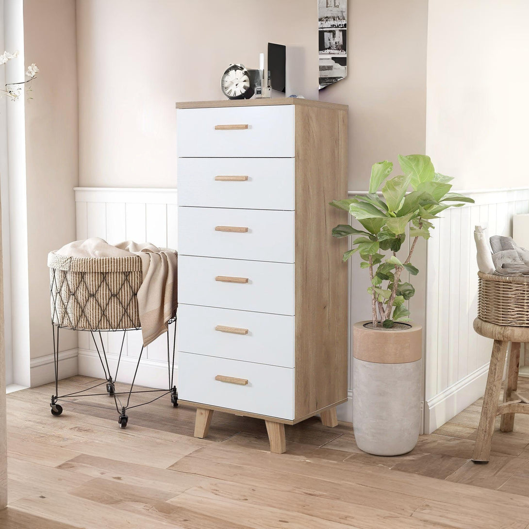 Alton Slim Tallboy 6 Drawers - Natural + White