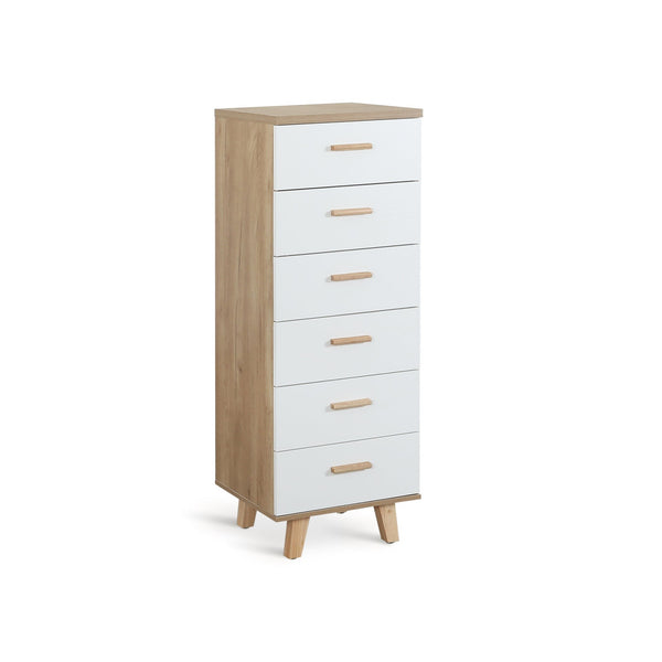Alton Slim Tallboy 6 Drawers - Natural + White
