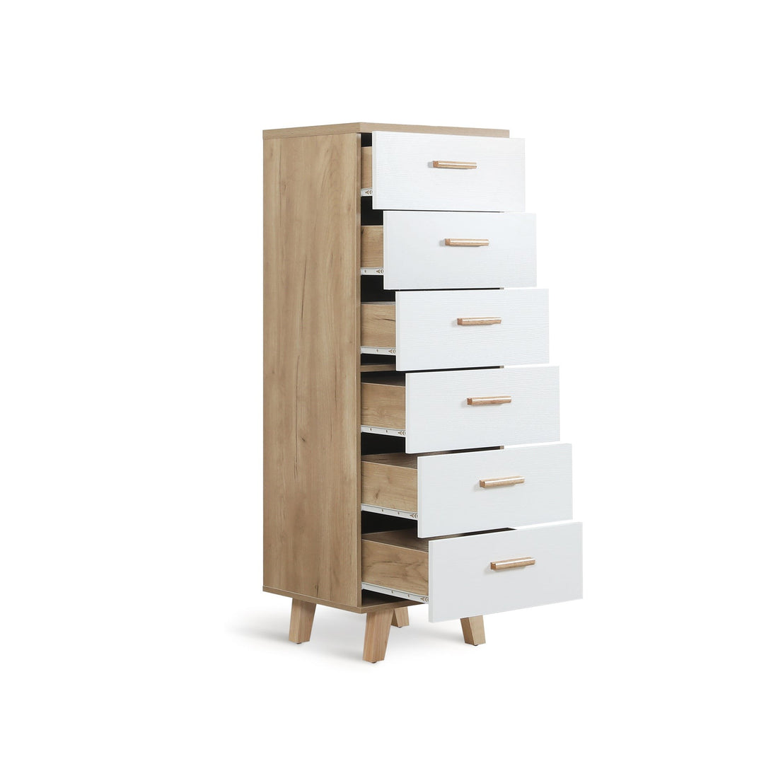 Alton Slim Tallboy 6 Drawers - Natural + White