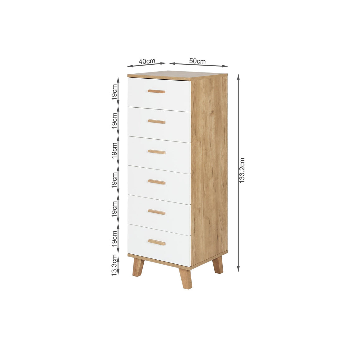 Alton Slim Tallboy 6 Drawers - Natural + White
