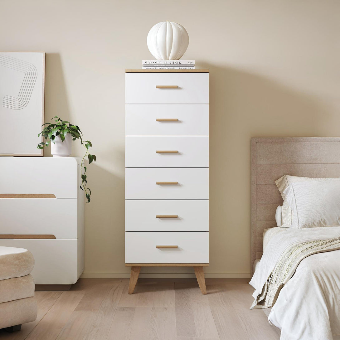Alton Slim Tallboy 6 Drawers - Natural + White