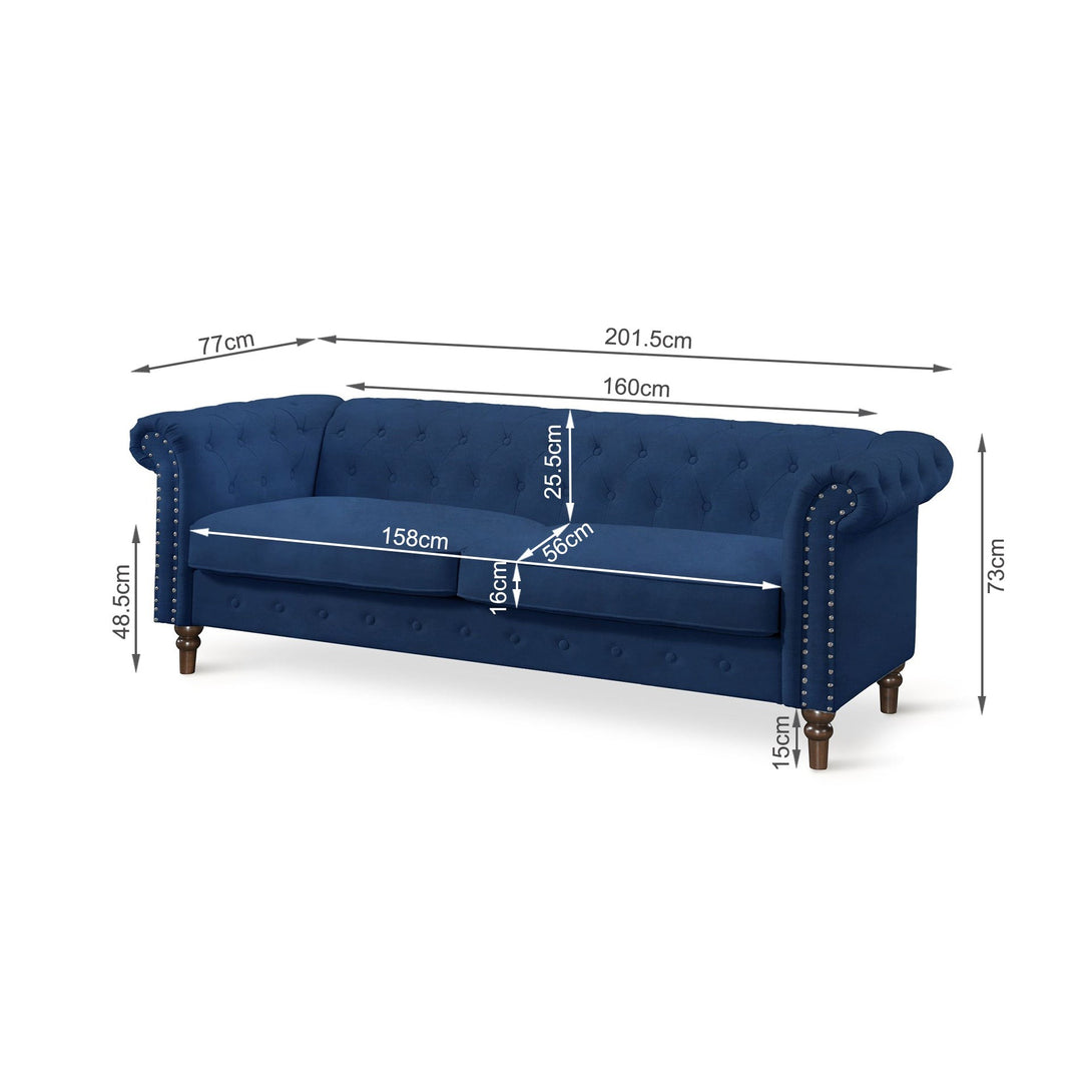 Chesley Velvet 3 Seater Sofa - Navy Blue