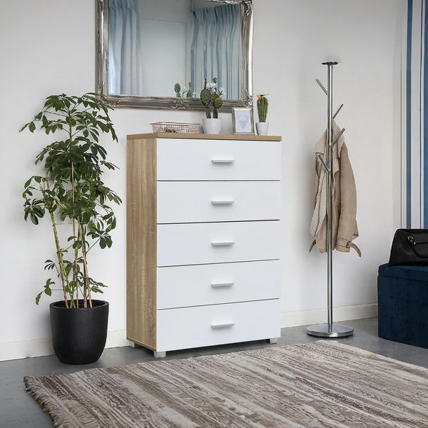 Bram Tallboy 5 Drawer Chest Dresser - Oak + White