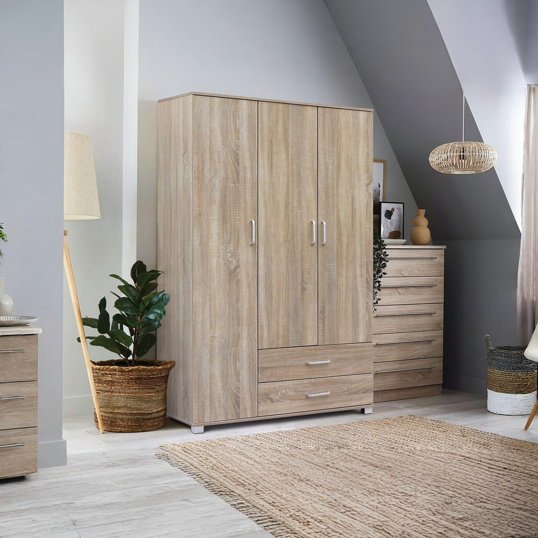 Bram 3 Door Wardrobe with 2 Drawers - Oak