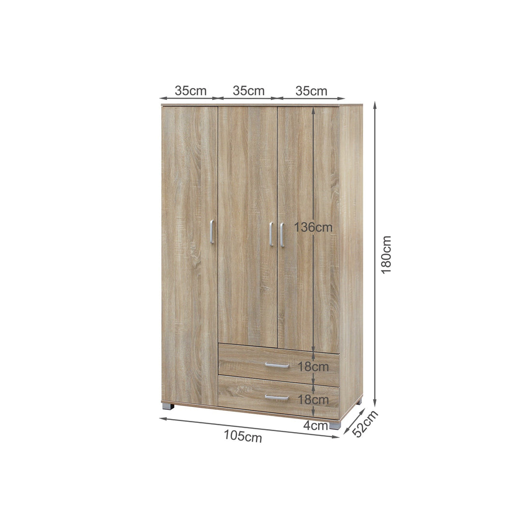 Bram 3 Door Wardrobe with 2 Drawers - Oak