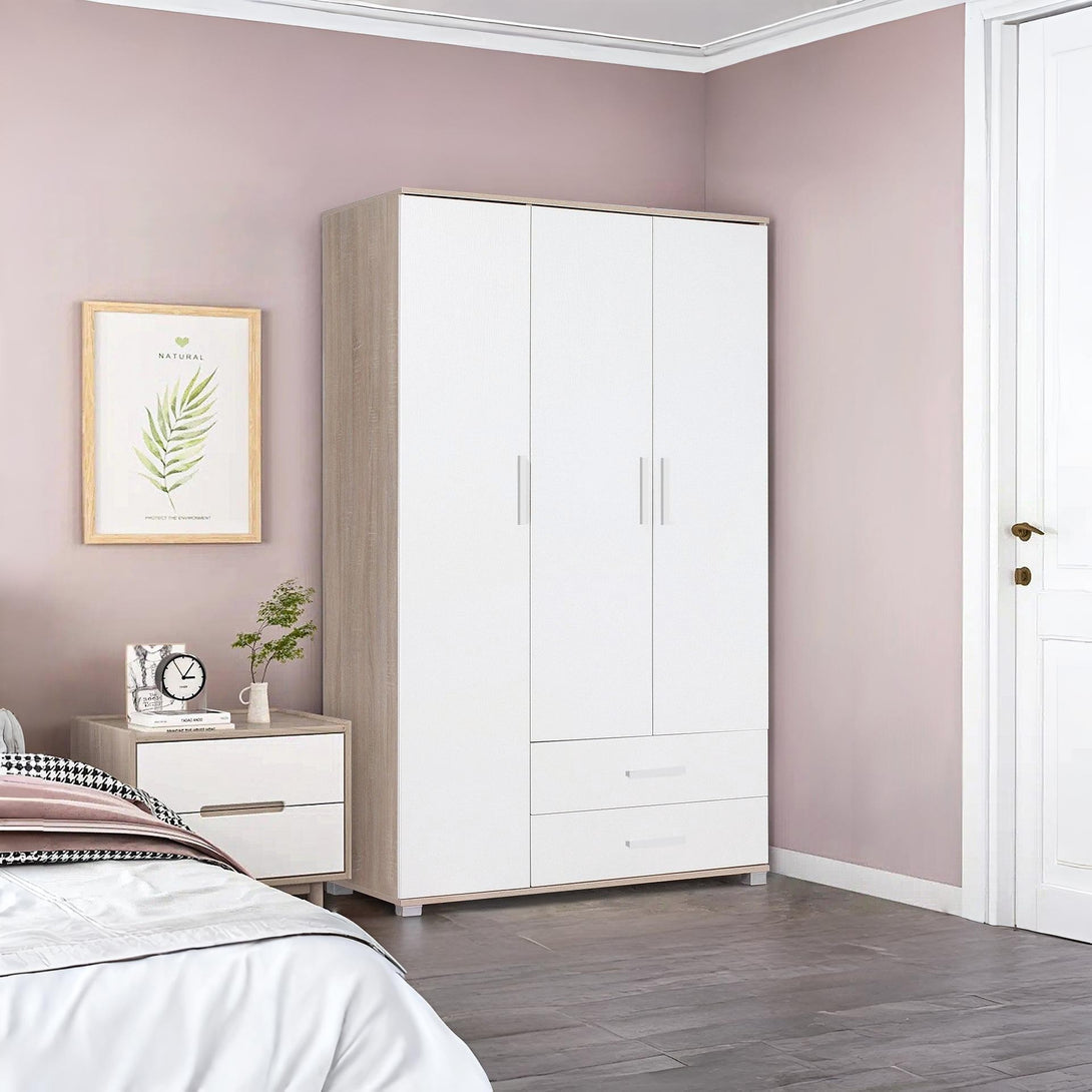 Bram 3 Door Wardrobe with 2 Drawers - Oak + White