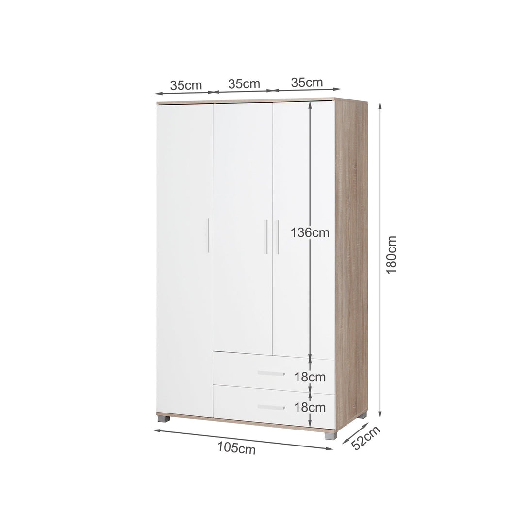Bram 3 Door Wardrobe with 2 Drawers - Oak + White