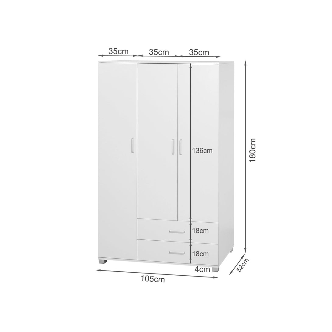 Bram 3 Door Wardrobe Cabinet with 2 Drawers - White