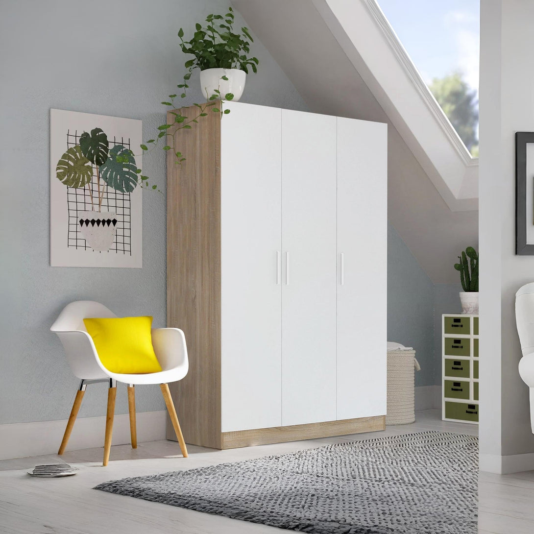 Bram 3 Door Wardrobe Cabinet - Oak + White