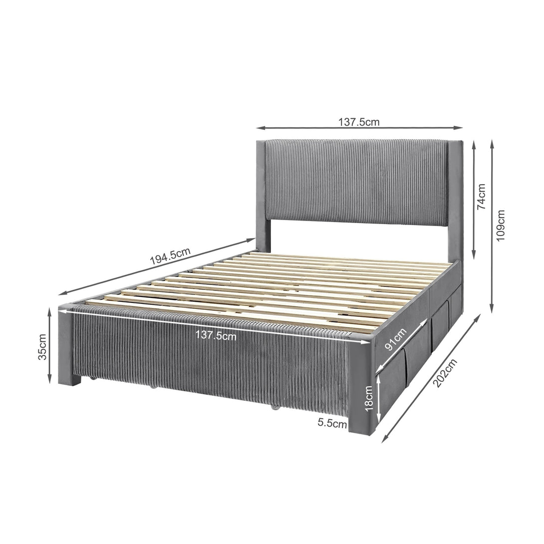 Gower Double Fabric Bed Frame with 4 Drawers - Grey