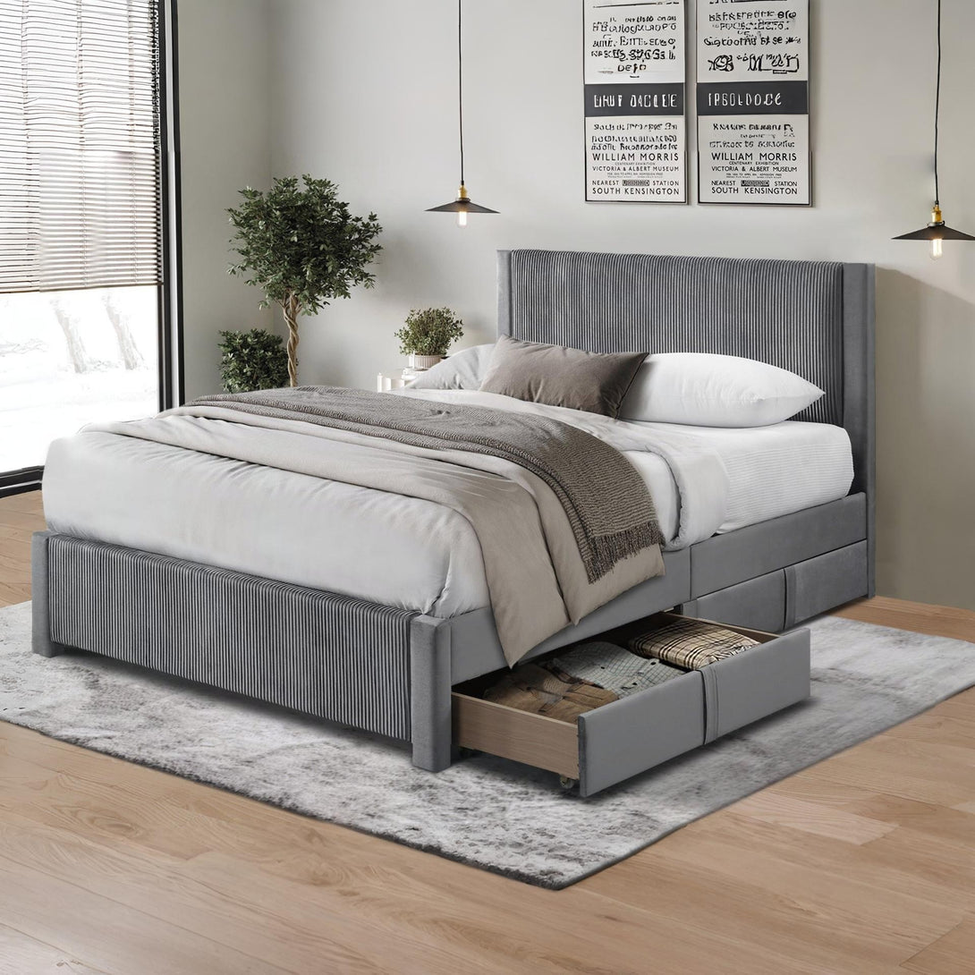 Gower Double Fabric Bed Frame with 4 Drawers - Grey