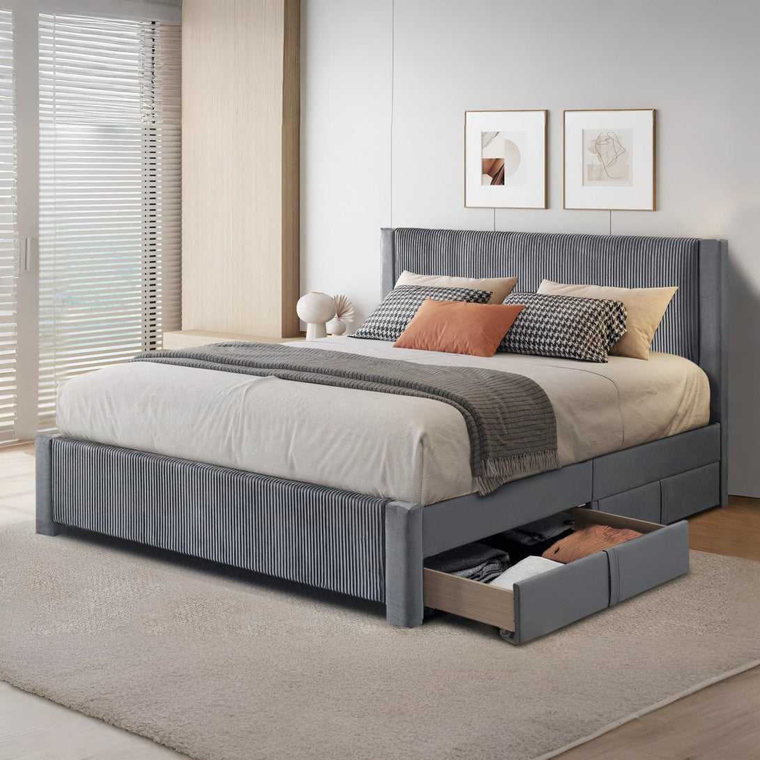 Gower Super King Fabric Bed Frame with 4 Drawers - Grey