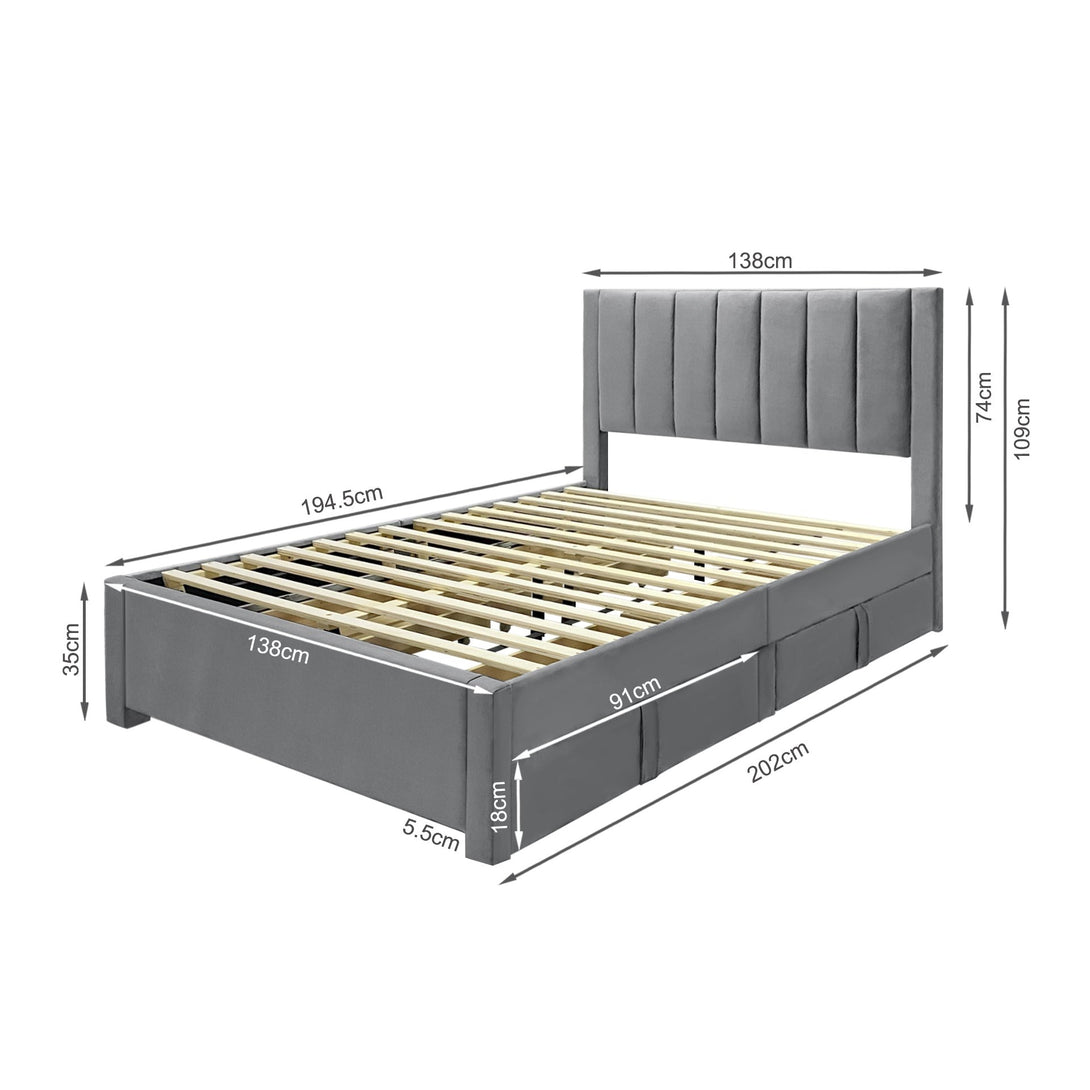 Columbia Double Fabric Bed Frame with 4 Drawers - Grey