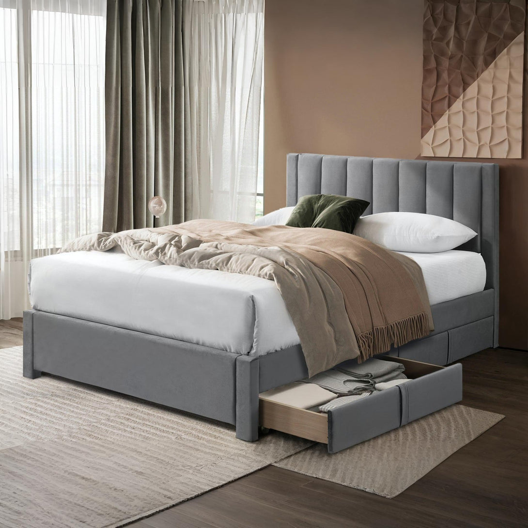 Columbia Double Fabric Bed Frame with 4 Drawers - Grey