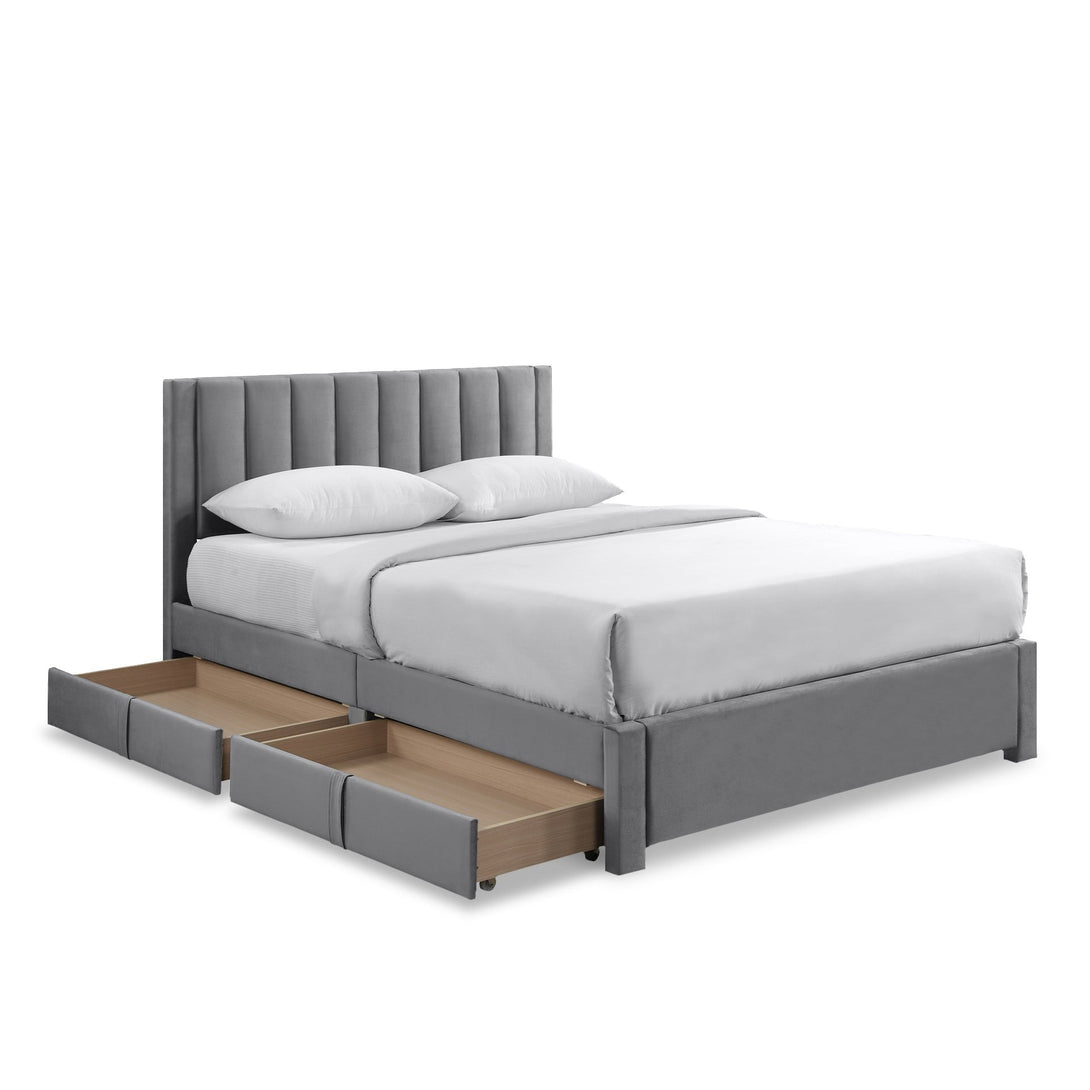 Columbia Queen Fabric Bed Frame with 4 Drawers  - Grey