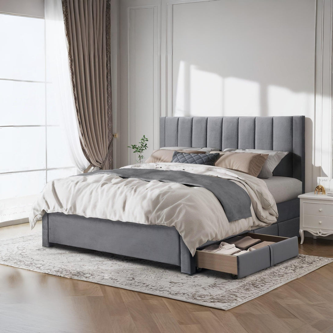 Columbia Queen Fabric Bed Frame with 4 Drawers  - Grey