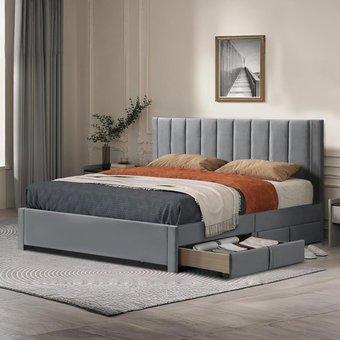 Columbia Super King Fabric Bed Frame with 4 Drawers - Grey