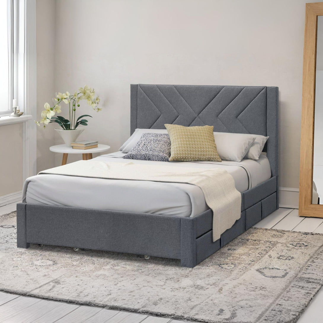 Haydon Double Fabric Bed Frame with 4 Drawers - Light Grey