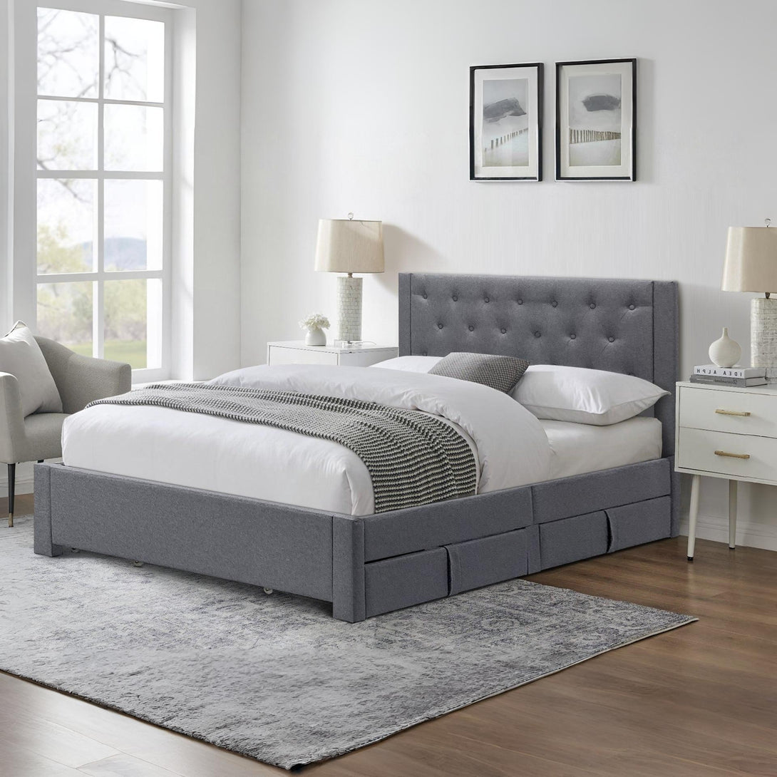 Thornton Double Fabric Bed Frame with 4 Drawers - Light Grey