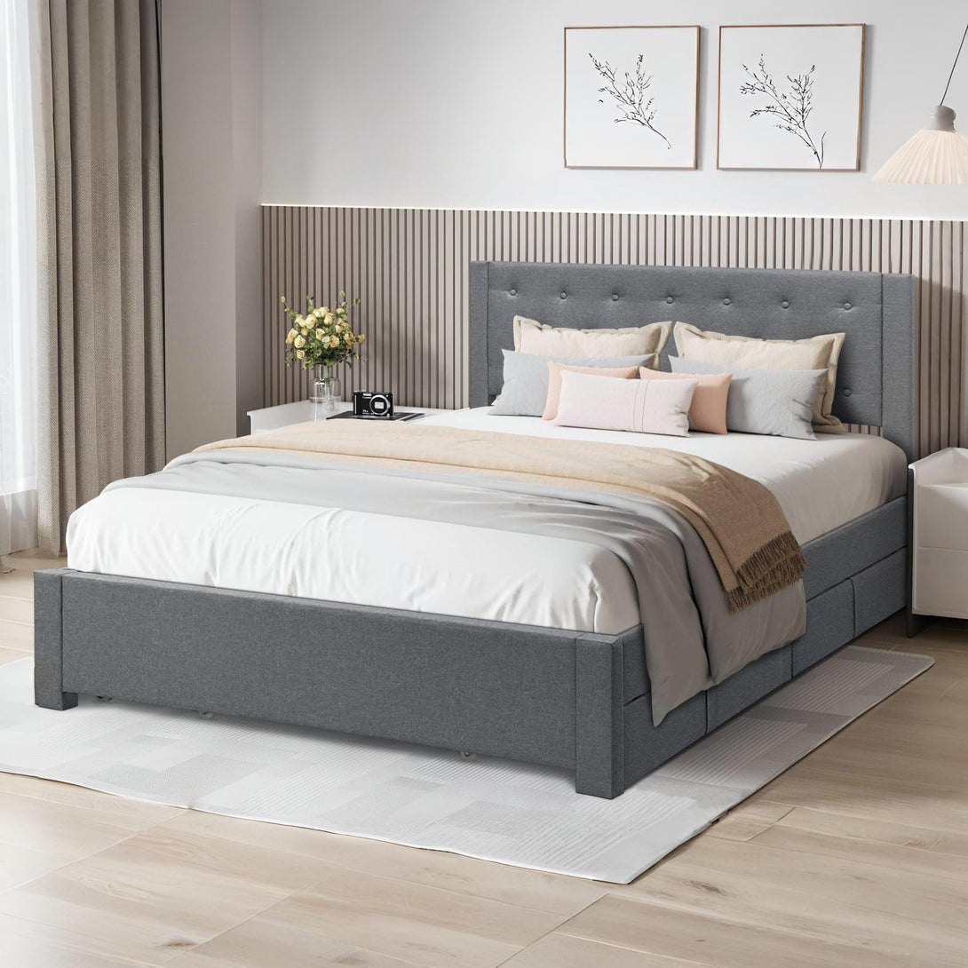 Thornton Queen Fabric Bed Frame with 4 Drawers - Light Grey