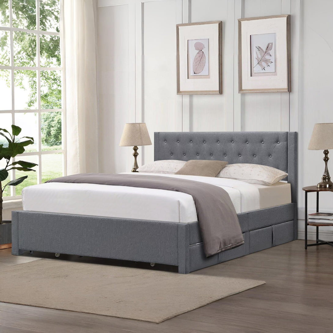 Thornton Super King Fabric Bed Frame with 4 Drawers - Light Grey