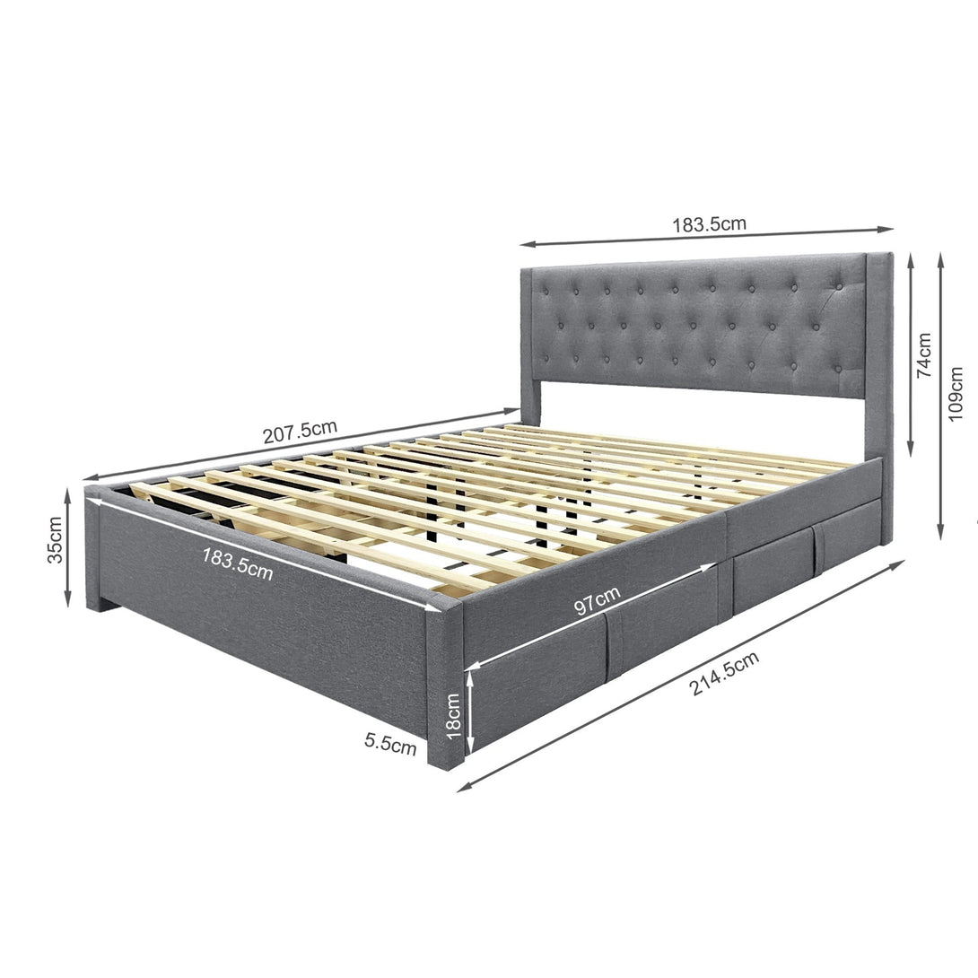 Thornton Super King Fabric Bed Frame with 4 Drawers - Light Grey