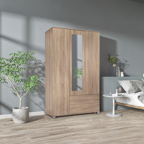 Bram 3 Door Wardrobe Cabinet with Mirror - Oak