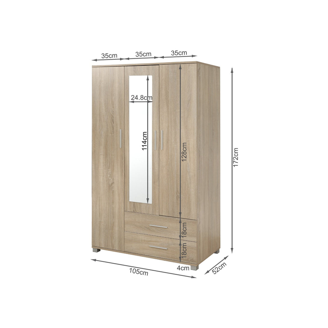 Bram 3 Door Wardrobe Cabinet with Mirror - Oak