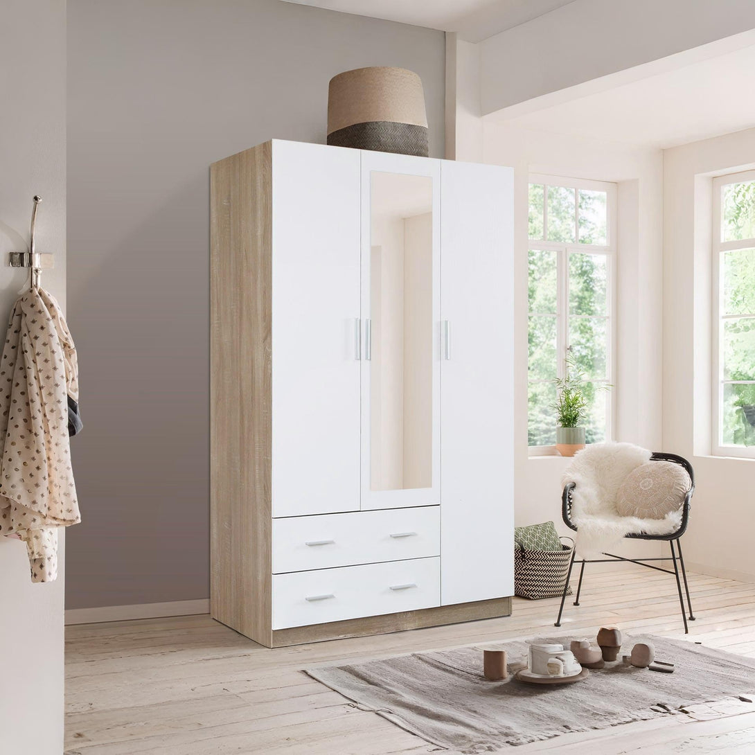 Bram 3 Door Wardrobe Cabinet with Mirror - Oak + White