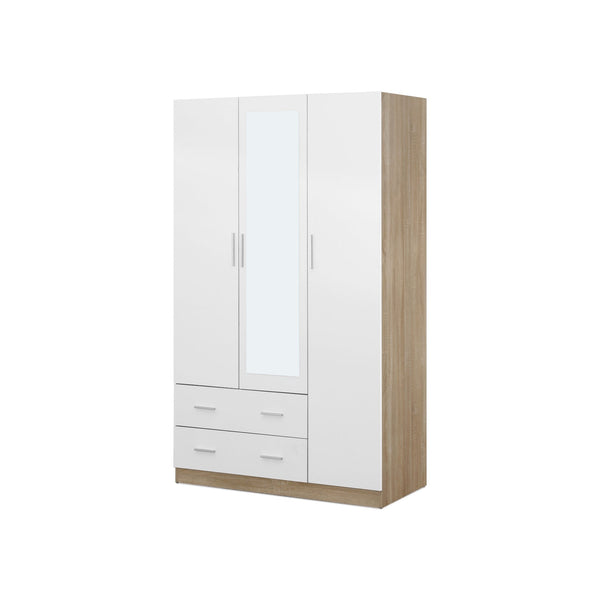 Bram 3 Door Wardrobe Cabinet with Mirror - Oak + White