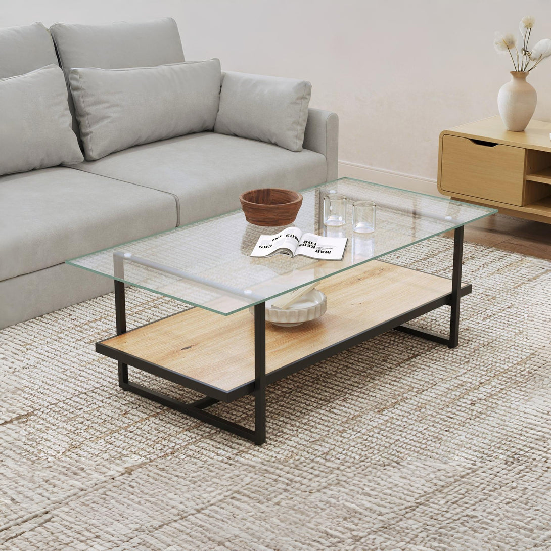 Hala Tempered Glass Top Coffee Table - Oak + Black