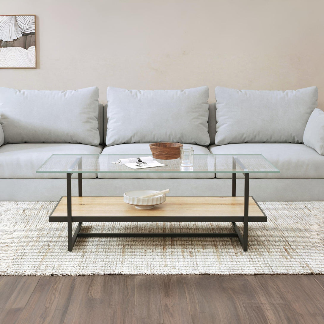 Hala Tempered Glass Top Coffee Table - Oak + Black