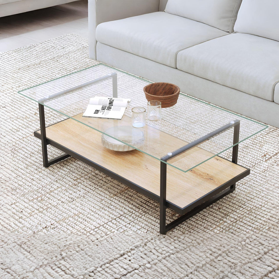 Hala Tempered Glass Top Coffee Table - Oak + Black