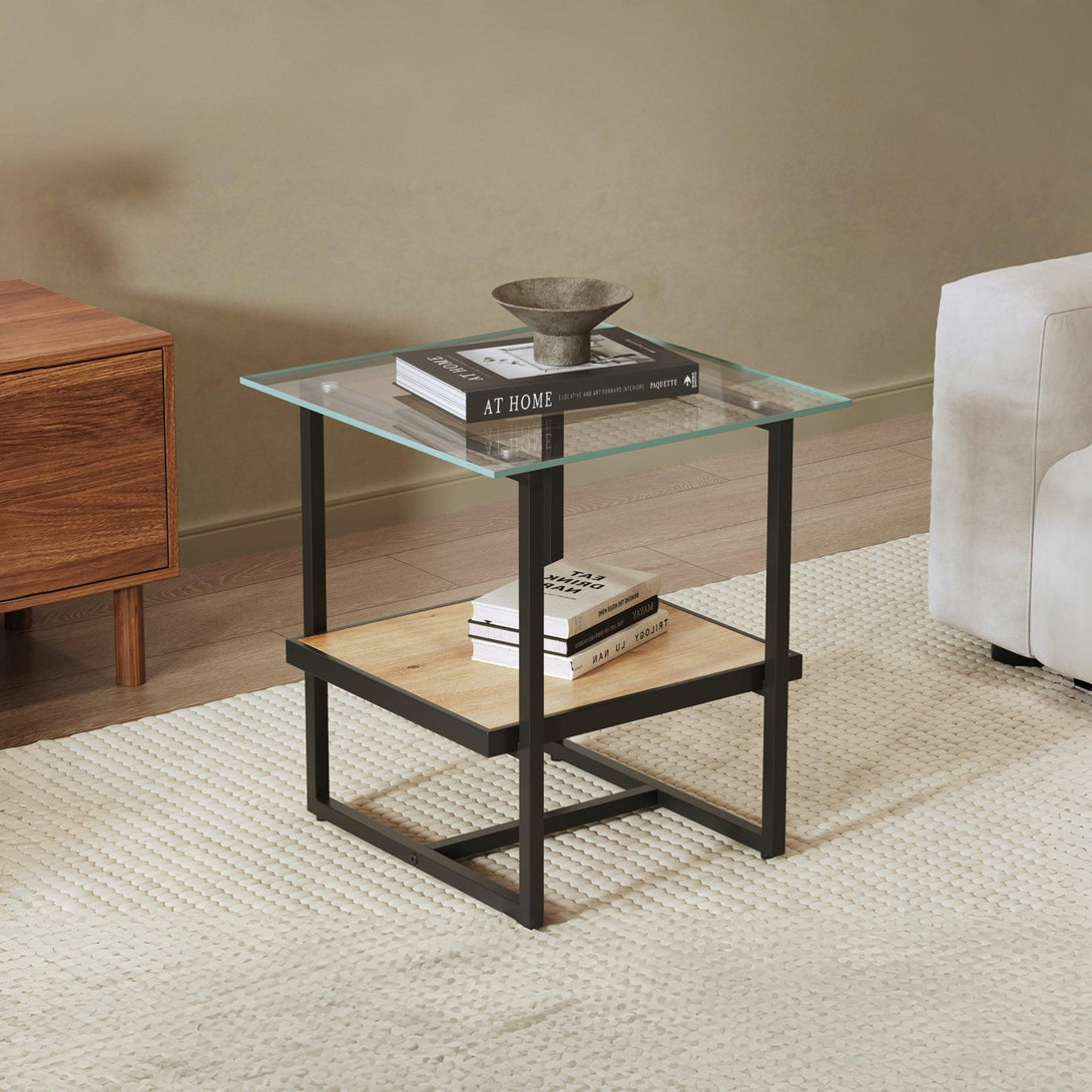 Hala Tempered Glass Top Side Table - Oak + Black