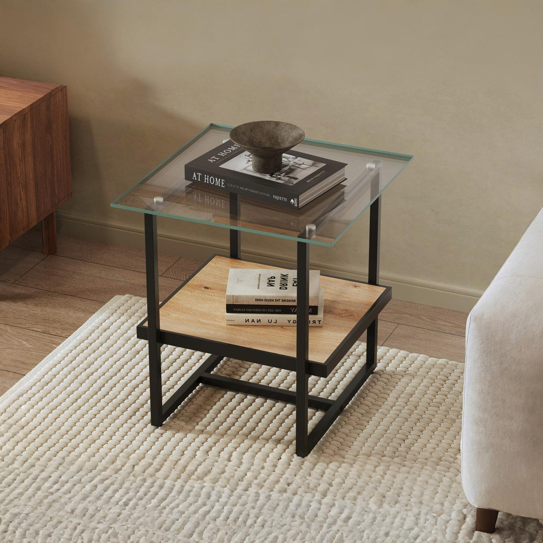Hala Tempered Glass Top Side Table - Oak + Black