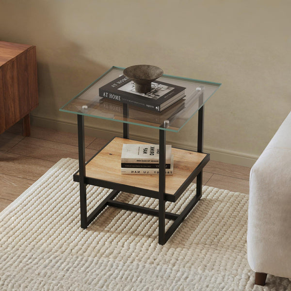 Hala Tempered Glass Top Side Table - Oak + Black