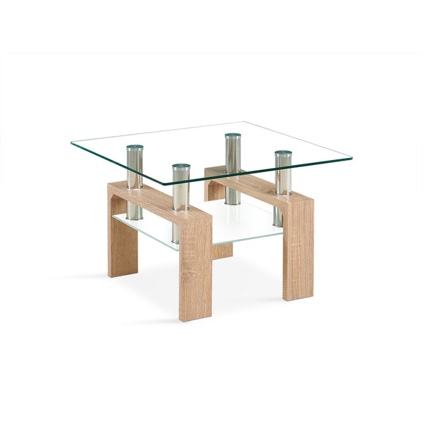 Ollie Tempered Glass Square Side Table 65 x 65cm - Oak
