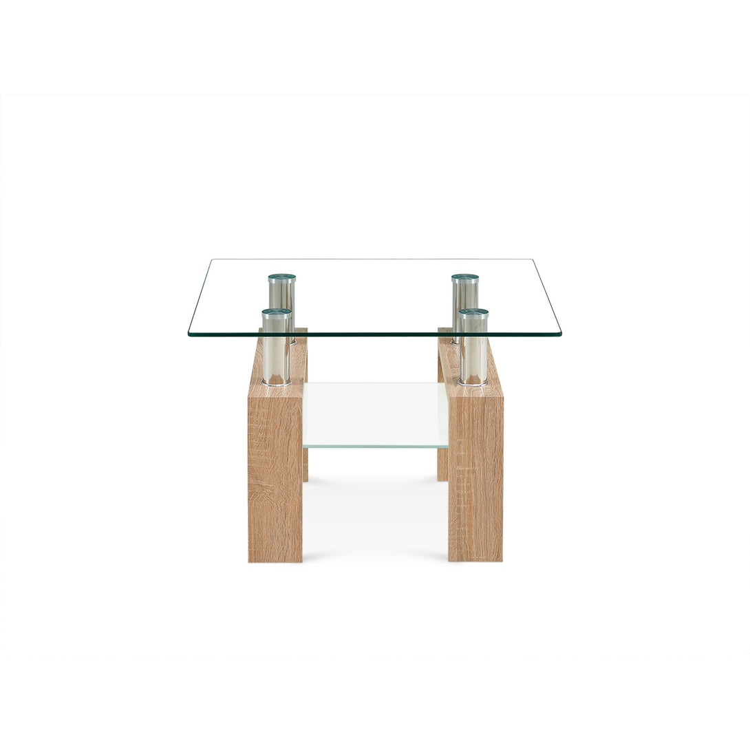 Ollie Tempered Glass Square Side Table 65 x 65cm - Oak