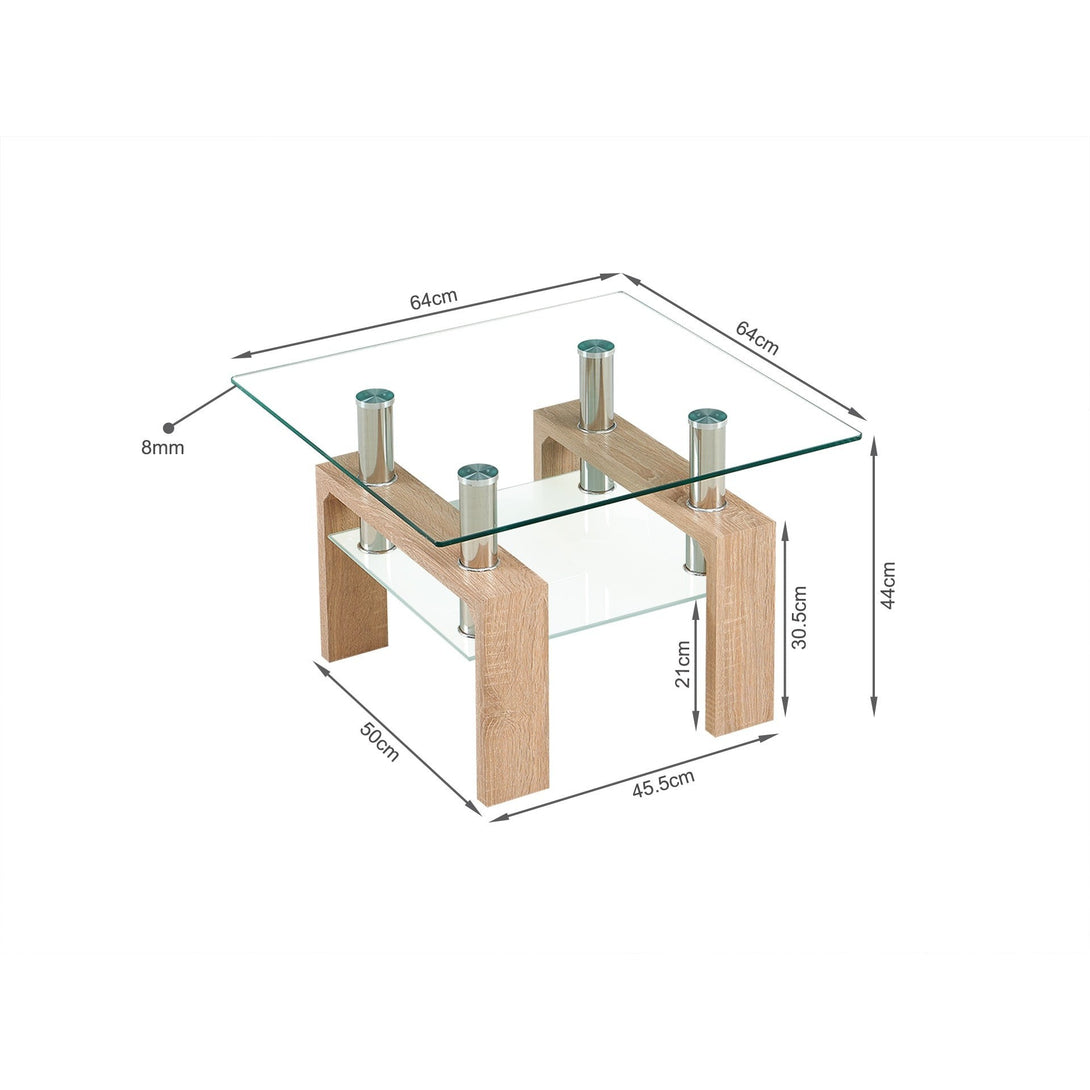 Ollie Tempered Glass Square Side Table 65 x 65cm - Oak