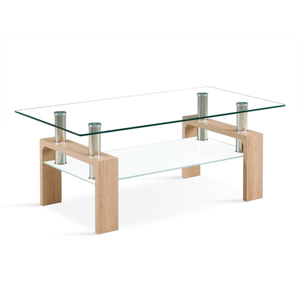 Ollie Tempered Glass Rectangle Coffee Table 110 x 60cm - Oak
